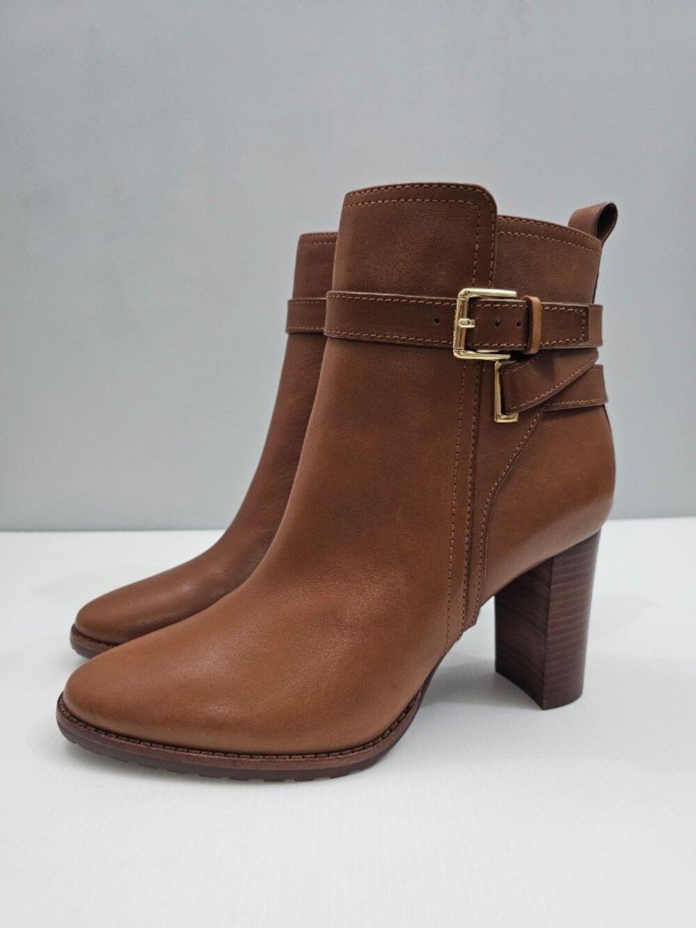 Lauren Ralph Lauren Madisyn Ankle Boot Brown Leather Buckle Block Heel 9.5 NEW